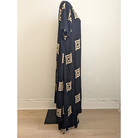 Vintage Krisa Medium Overlay Maxi Dress Black Tan Windowpane Short Sleeves Boho - Picture 10 of 15